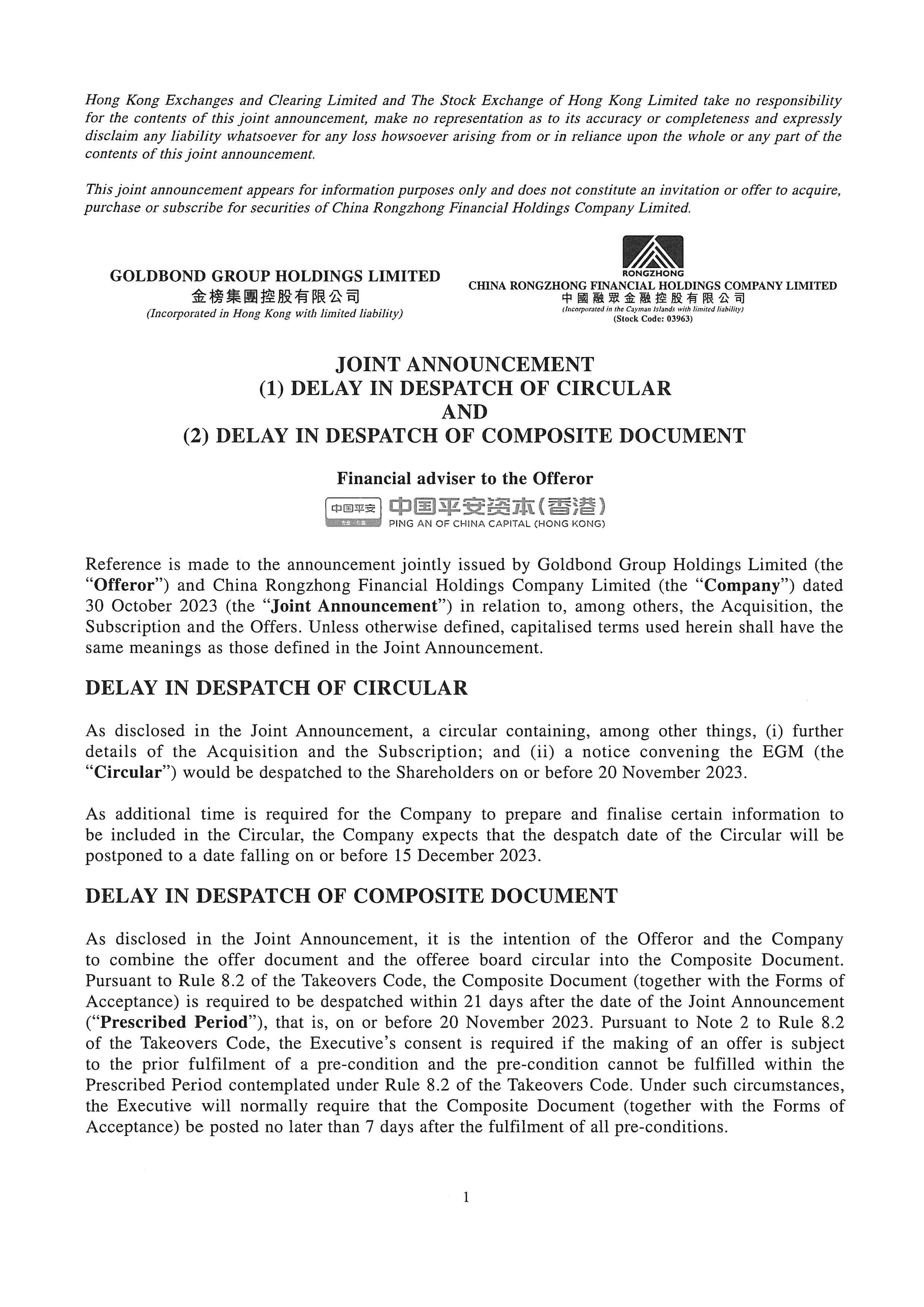 Announcements and Notices - [Delay in Dispatch of Circular or other Document / Announcement by Offeree Company under the..